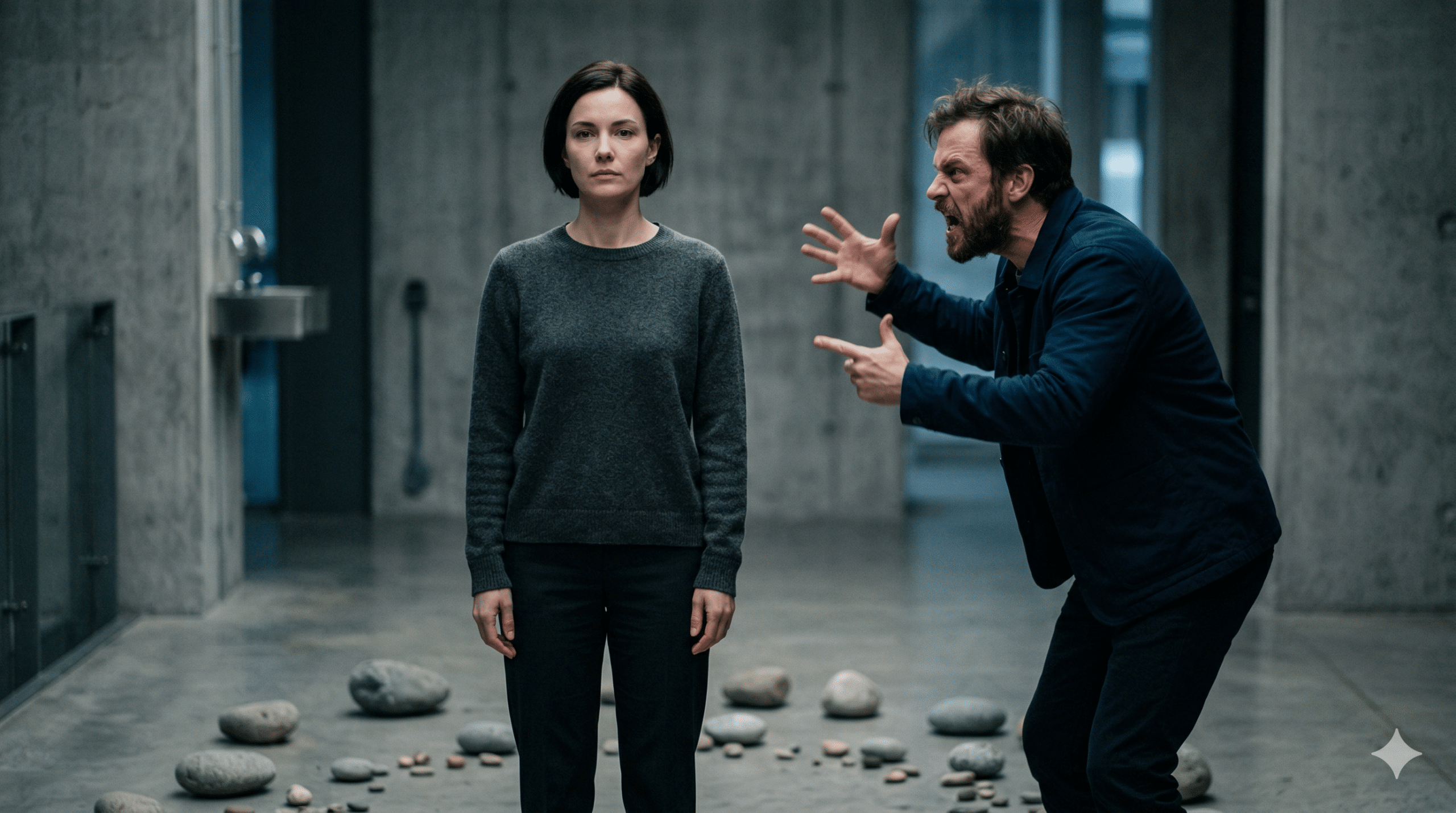 Técnica grey rock - mulher calma e inabalável diante de pessoa narcisista agressiva com pedras cinzas ao redor