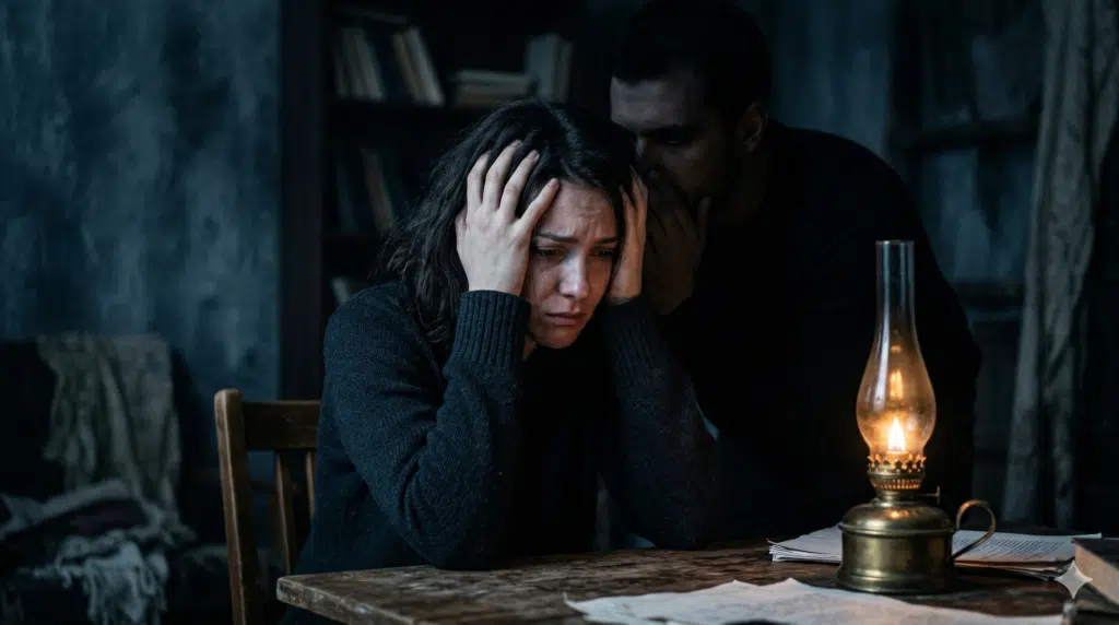 Gaslighting - mulher confusa sendo manipulada psicologicamente com lamparina a gás
