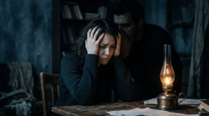 Gaslighting - mulher confusa sendo manipulada psicologicamente com lamparina a gás