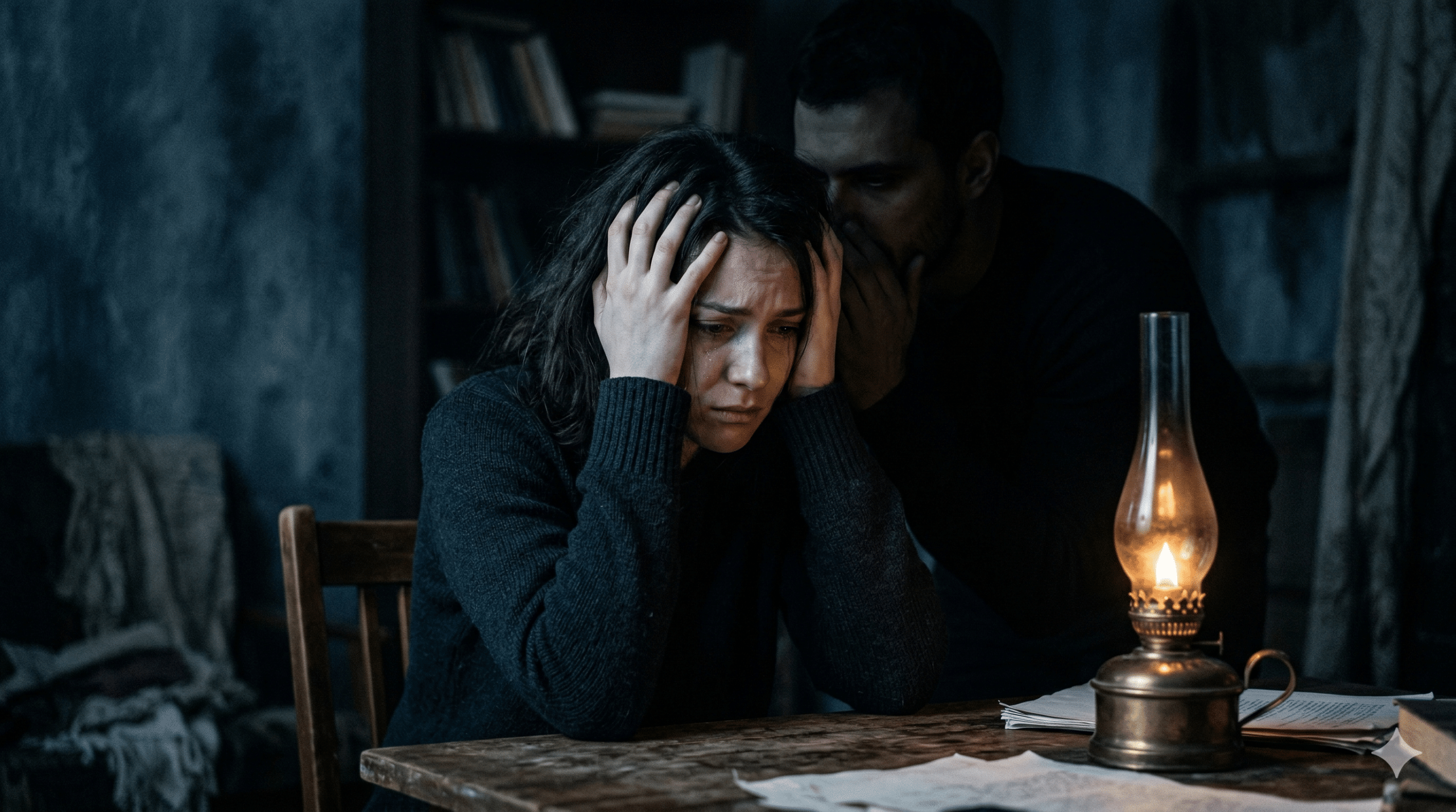 Gaslighting - mulher confusa sendo manipulada psicologicamente com lamparina a gás