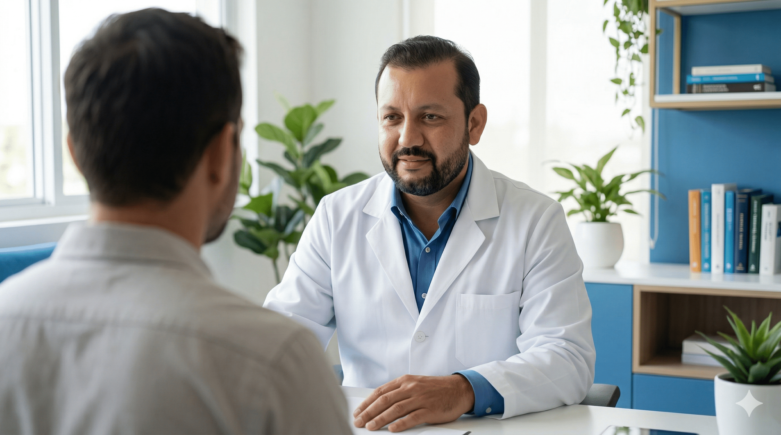 Médico em consultório acolhedor atendendo paciente vítima de abuso narcisista - tratamento clínico especializado