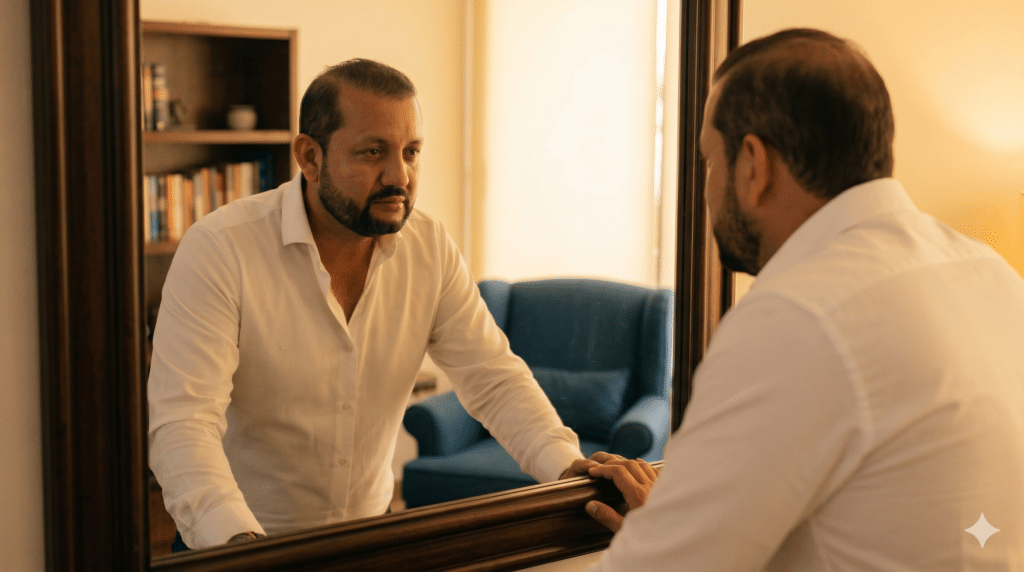 Homem olhando pensativo para seu reflexo no espelho em consultório - autoavaliação narcisista