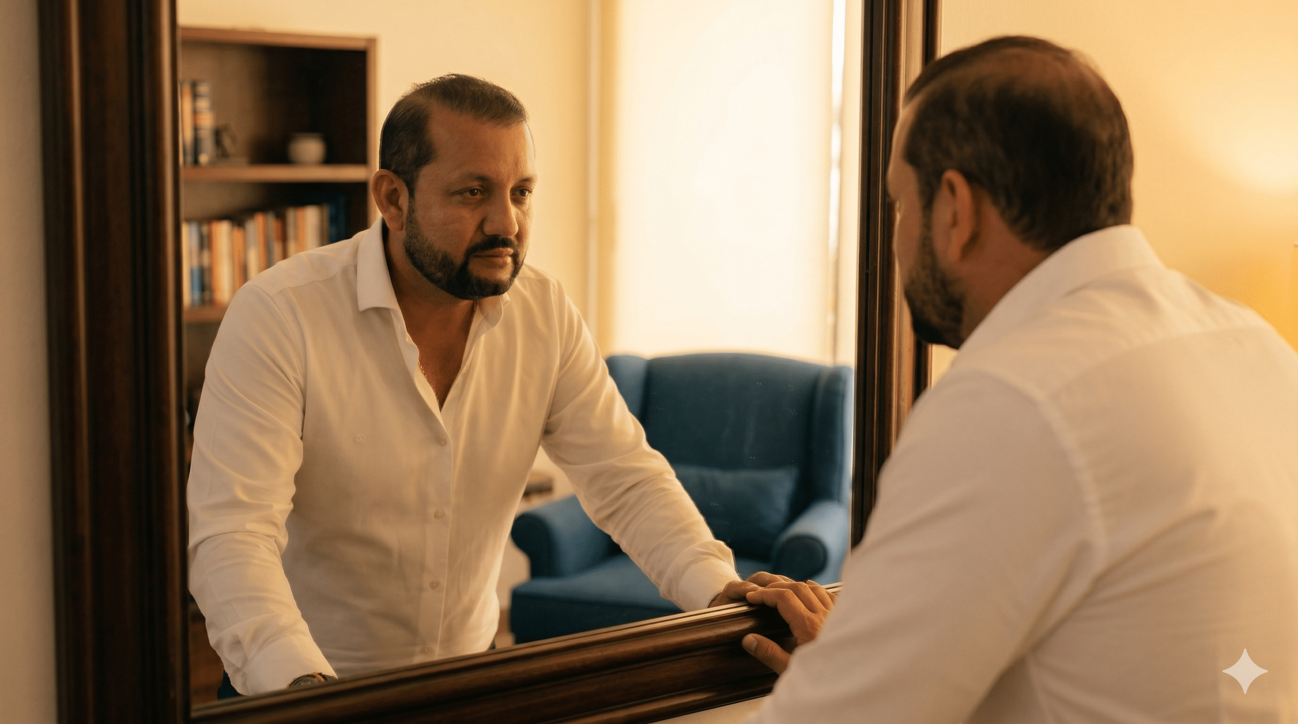 Homem olhando pensativo para seu reflexo no espelho em consultório - autoavaliação narcisista