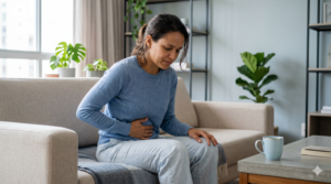 Mulher sentada no sofá com a mão sobre o abdômen, representando sintomas intestinais ligados ao estresse