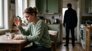 Mulher sentada à mesa da cozinha com a mão erguida em gesto de apaziguamento enquanto o parceiro está de costas ao fundo