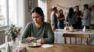 Mulher sozinha e triste à mesa de aniversário enquanto a festa acontece ao fundo, ilustrando a sabotagem de datas comemorativas no abuso narcisista