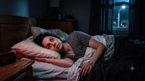 Mulher acordada na cama de madrugada, relogio digital marcando 02:47 na mesa de cabeceira
