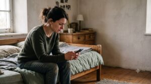 Mulher sentada na beira da cama olhando o celular com expressão de dor contida