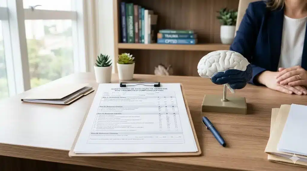 Imagem ilustrativa de uma prancheta e um modelo anatômico de cérebro em uma mesa