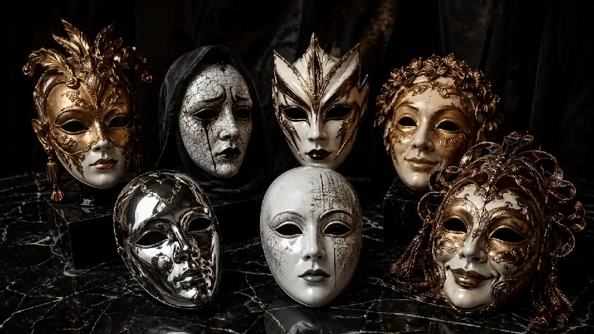 Máscaras decorativas em tons de dourado, branco e preto; imagem ilustrativa