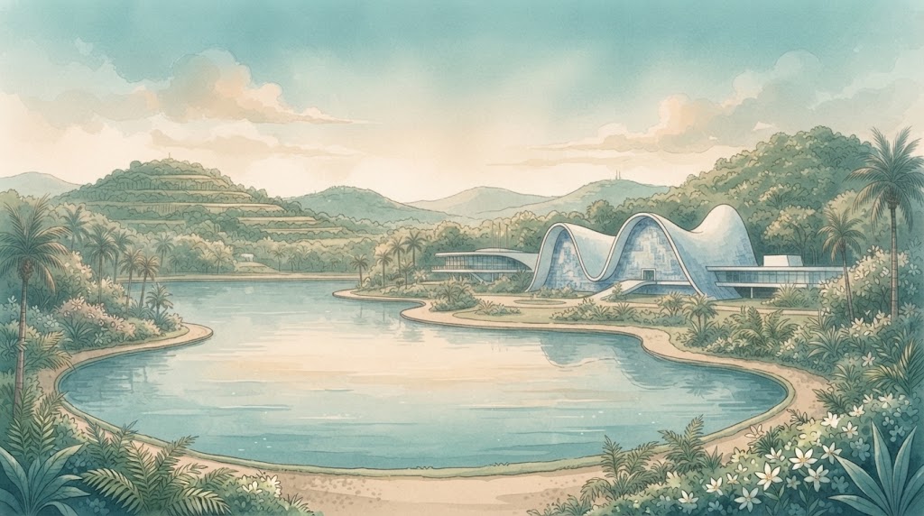 Ilustração de lago e arquitetura inspirada na Pampulha em Belo Horizonte, gerada por IA no Gemini