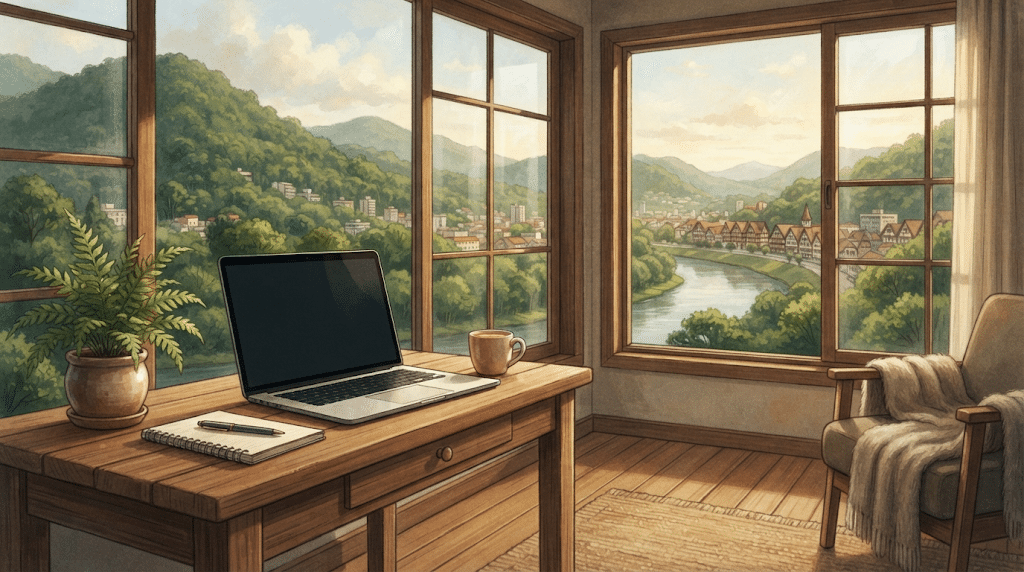 Ilustração de notebook junto à janela com paisagem inspirada no vale e na arquitetura de Blumenau