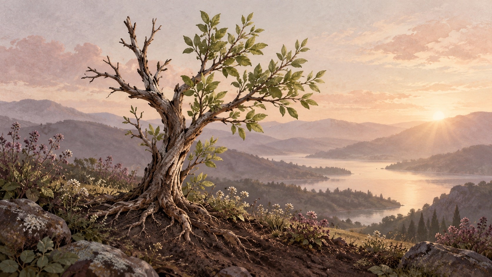 Árvore com novos brotos e raízes firmes diante da luz do amanhecer, simbolizando reconstrução após o trauma.