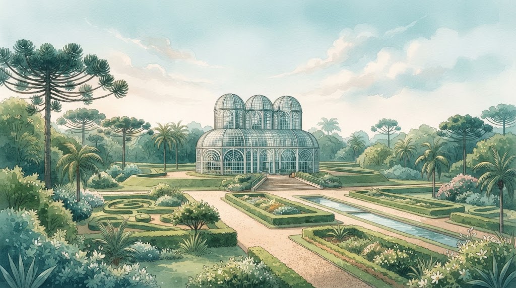 Ilustração de estufa e jardins inspirada no Jardim Botânico de Curitiba, gerada por IA no Gemini