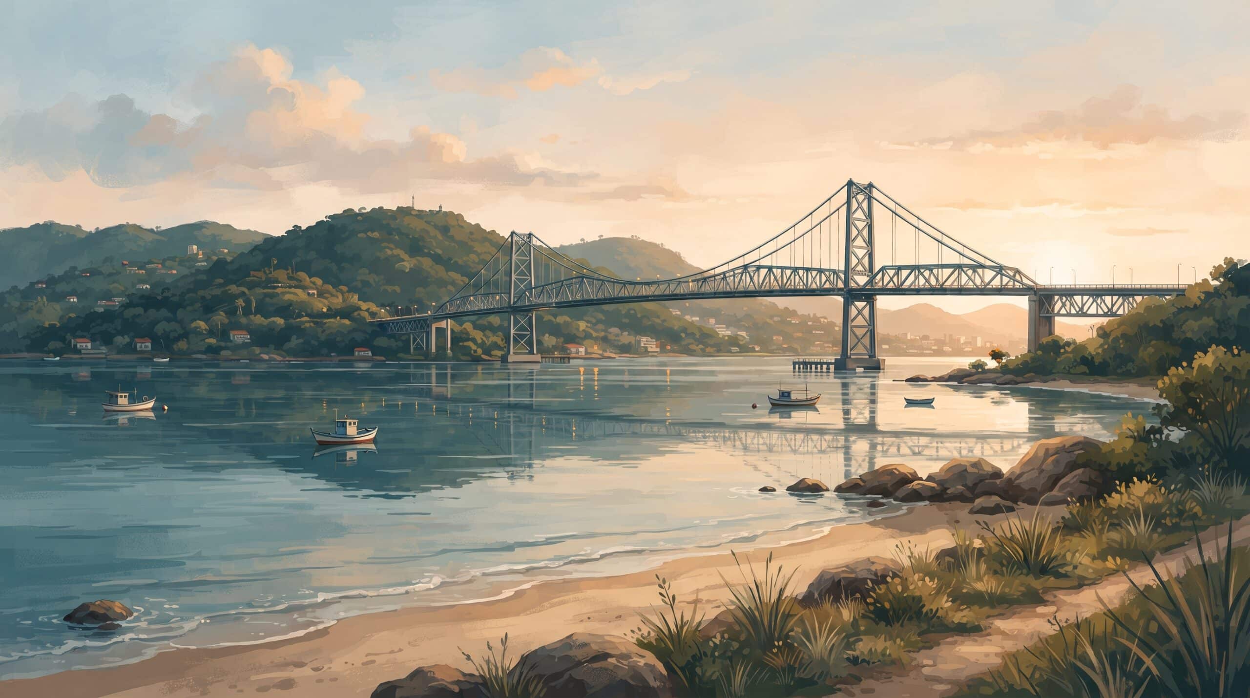 Ilustração regional de Florianópolis gerada no Gemini, com ponte sobre a baía