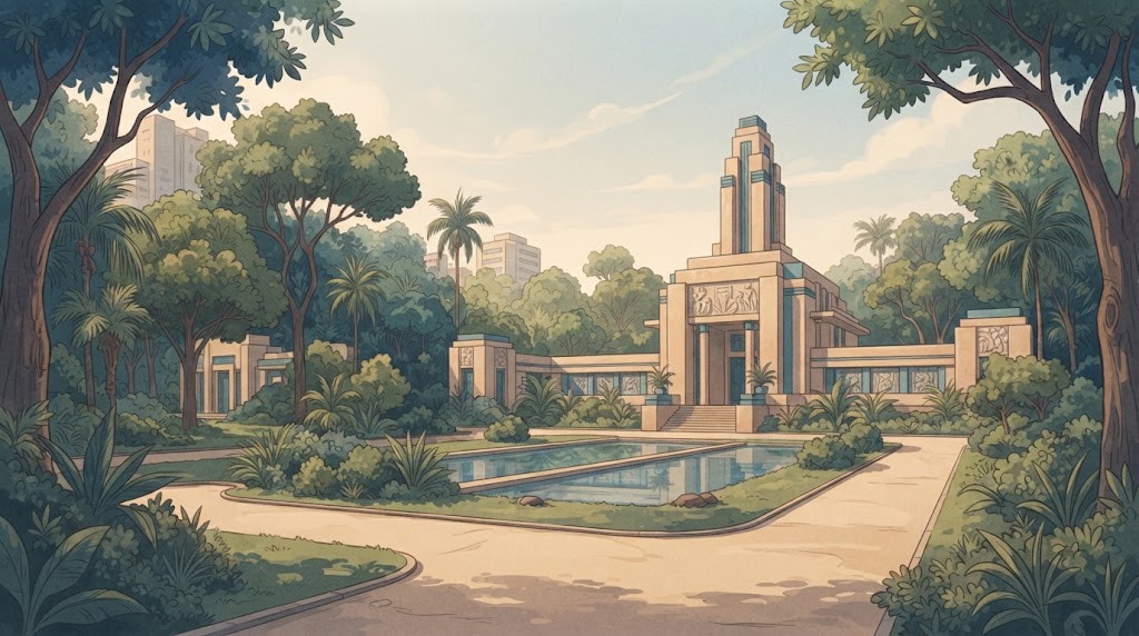 Ilustração de parque e arquitetura art déco inspirada em Goiânia, gerada com IA