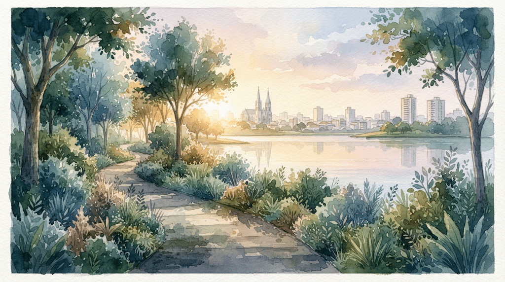 Ilustração em aquarela inspirada no Lago Igapó, com caminho arborizado e horizonte de Londrina