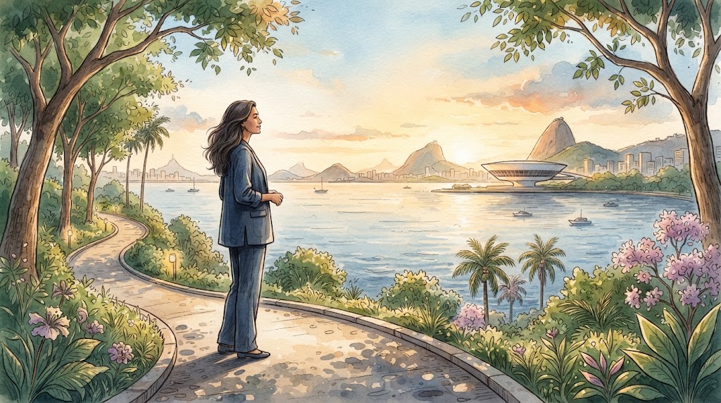 Ilustração de pessoa junto à Baía de Guanabara, inspirada em Niterói