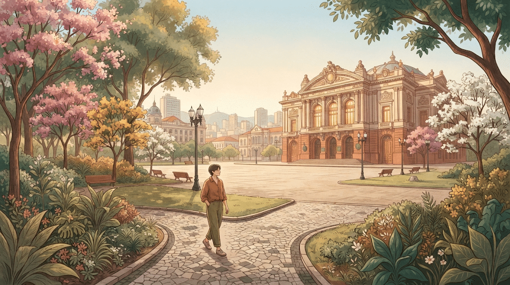 Ilustração de praça arborizada e arquitetura urbana inspirada em Ribeirão Preto