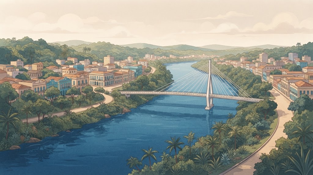 Ilustração de paisagem ribeirinha e passarela em Rio Branco, Acre, gerada com IA