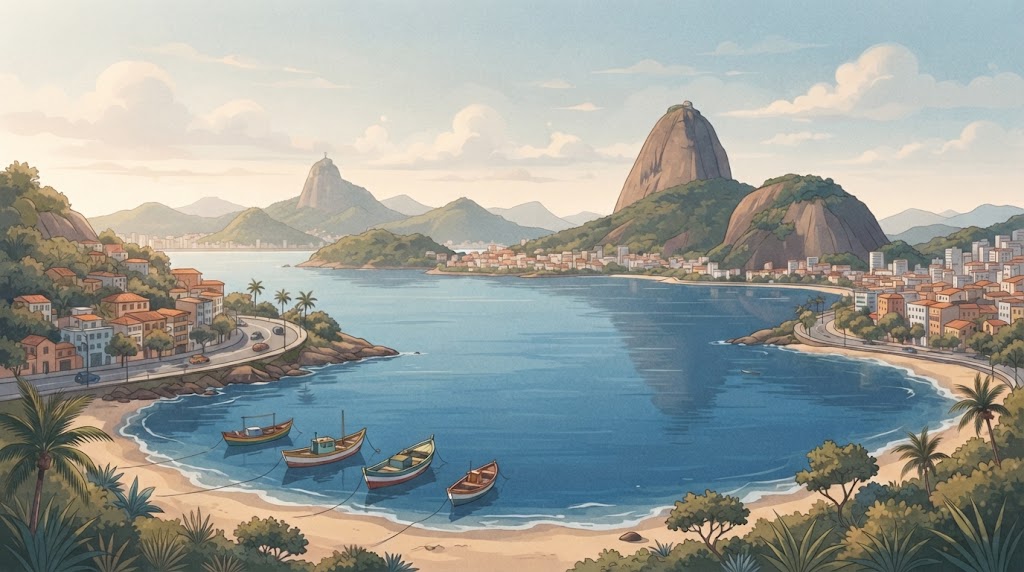 Ilustração inspirada na Baía de Guanabara e no Pão de Açúcar, Rio de Janeiro, gerada com IA