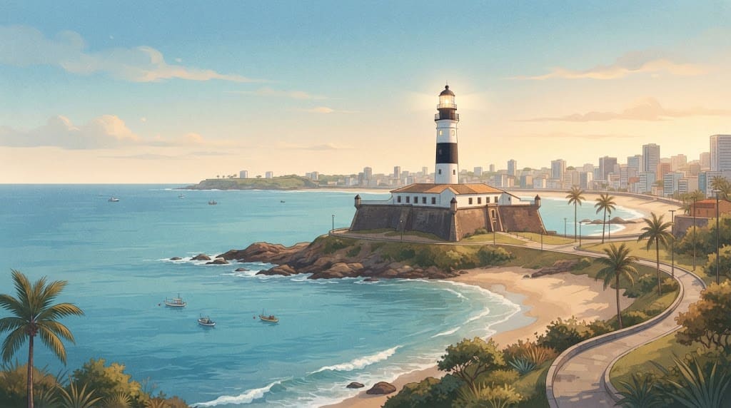 Ilustração do Farol da Barra e da orla de Salvador, gerada com IA