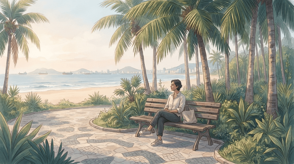 Ilustração de pessoa nos jardins da orla, inspirada em Santos