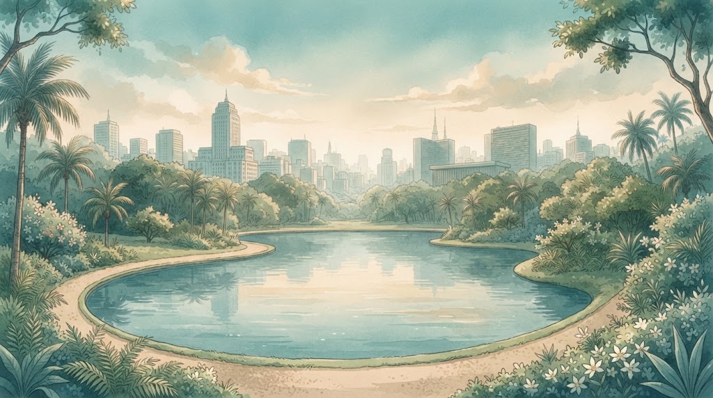 Ilustração de lago, vegetação e prédios inspirada em São Paulo, gerada por IA no Gemini