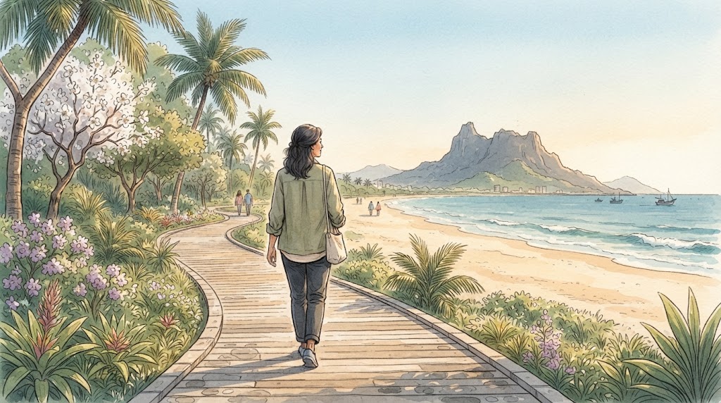 Ilustração de pessoa caminhando junto ao mar, inspirada na paisagem de Vila Velha